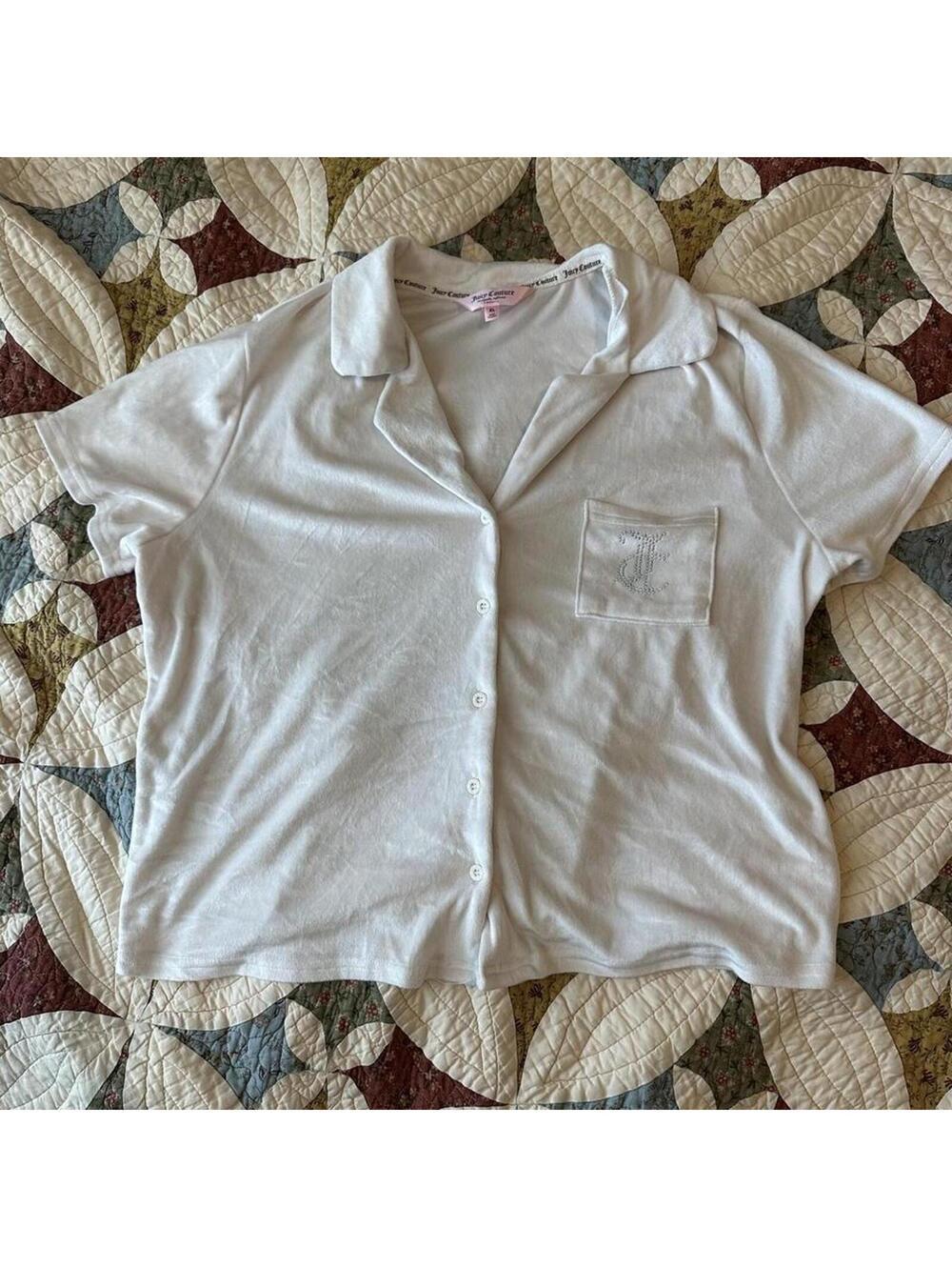 Juicy Couture white button up velvet shirt w rhinestones Size XL bedazzled Y2K - Picture 2 of 4